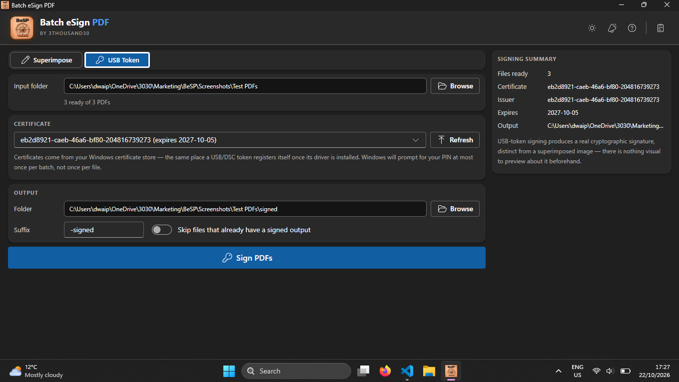 USB Token certificate-signing workflow in Batch eSign PDF
